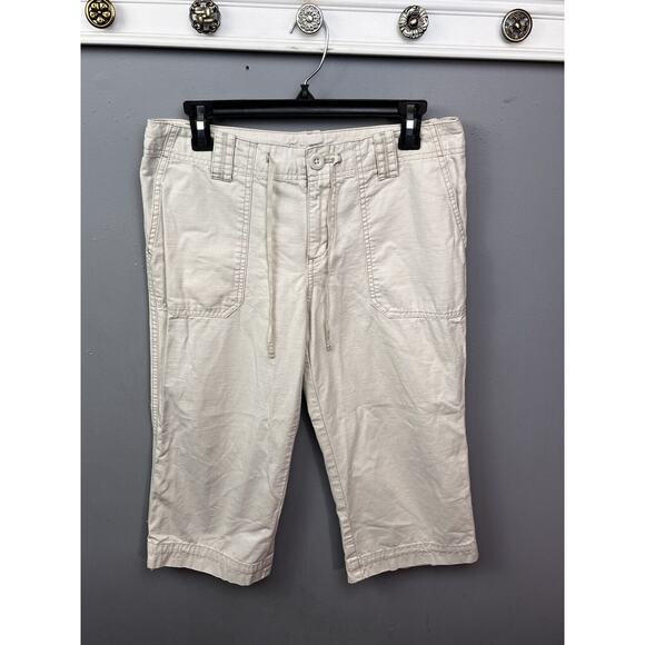 Eddie Bauer Pants Womens 6 Beige Cotton Crop Cargo Drawstring Hiking‎ Outdoor - Picture 1 of 9